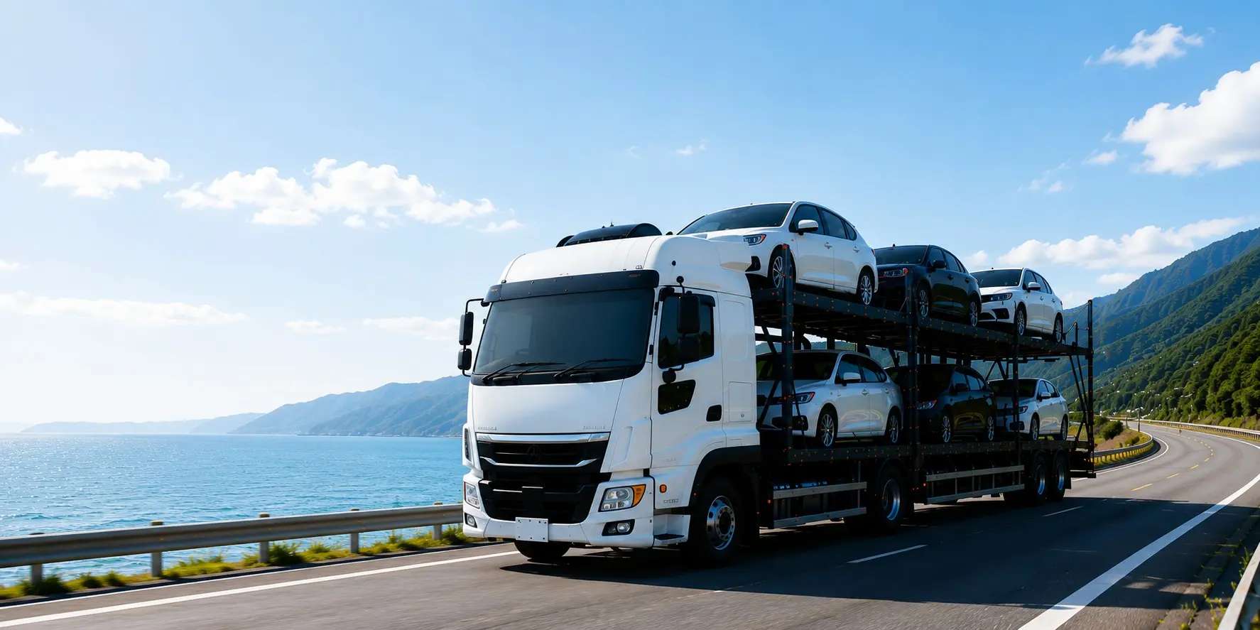 大型キャリアカー（車両運搬車）が青空の下で高速道路を走行している、躍動感のある横長のメインビジュアル写真。緑の山並みを背景にすると尚良い。
